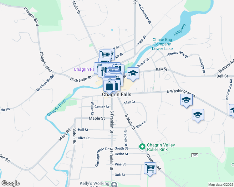 map of restaurants, bars, coffee shops, grocery stores, and more near in Chagrin Falls