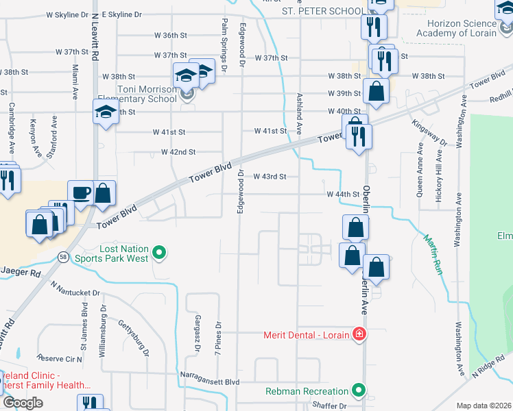 map of restaurants, bars, coffee shops, grocery stores, and more near 1604 Redbud Pl in Lorain