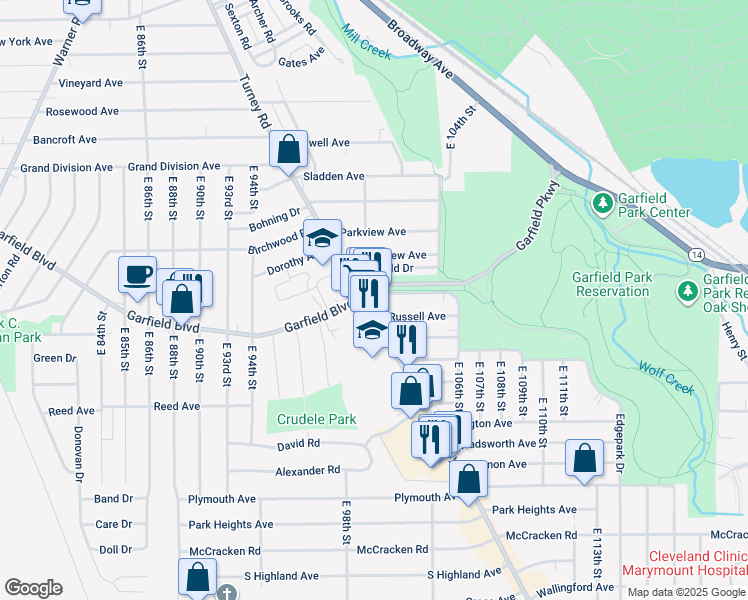 map of restaurants, bars, coffee shops, grocery stores, and more near 4795 Turney Road in Garfield Heights