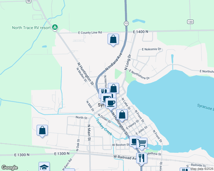 map of restaurants, bars, coffee shops, grocery stores, and more near 1004 North Harrison Street in Syracuse