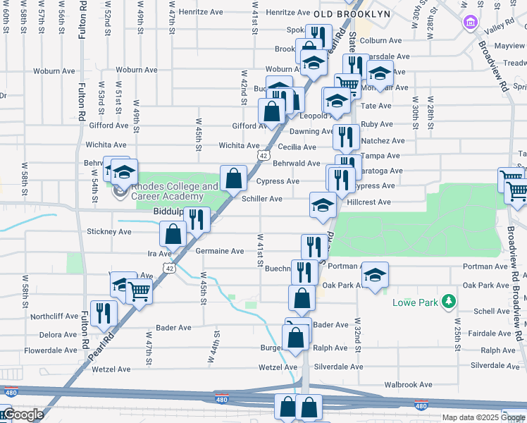 map of restaurants, bars, coffee shops, grocery stores, and more near 4016 Biddulph Avenue in Cleveland