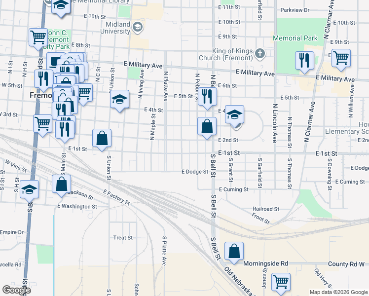 map of restaurants, bars, coffee shops, grocery stores, and more near 120 North Logan Street in Fremont