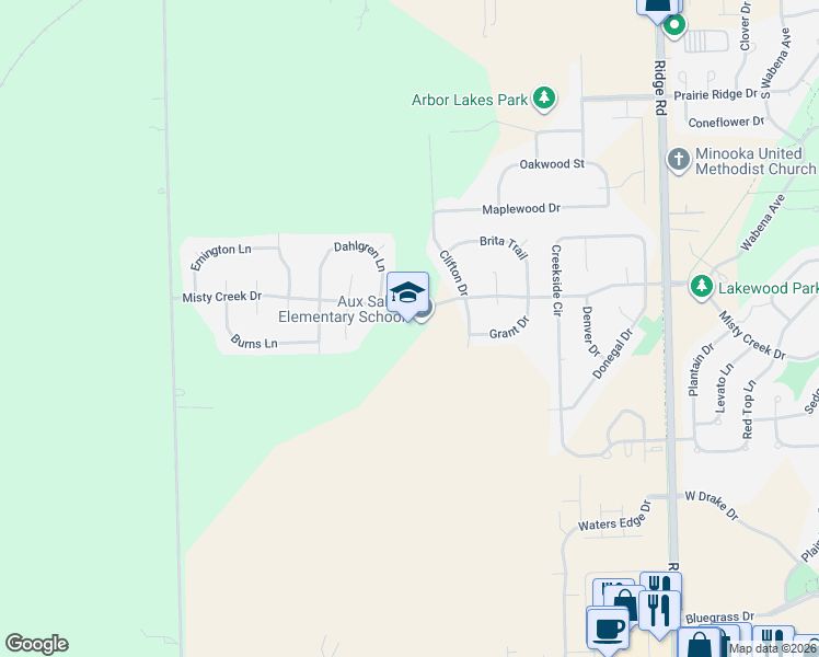 map of restaurants, bars, coffee shops, grocery stores, and more near 1004 Misty Creek Drive in Minooka