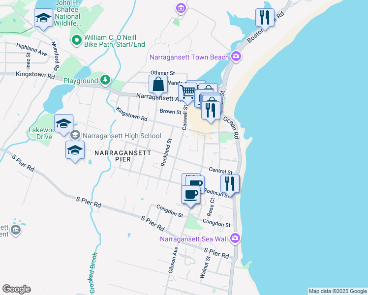 map of restaurants, bars, coffee shops, grocery stores, and more near 74 Caswell Street in Narragansett