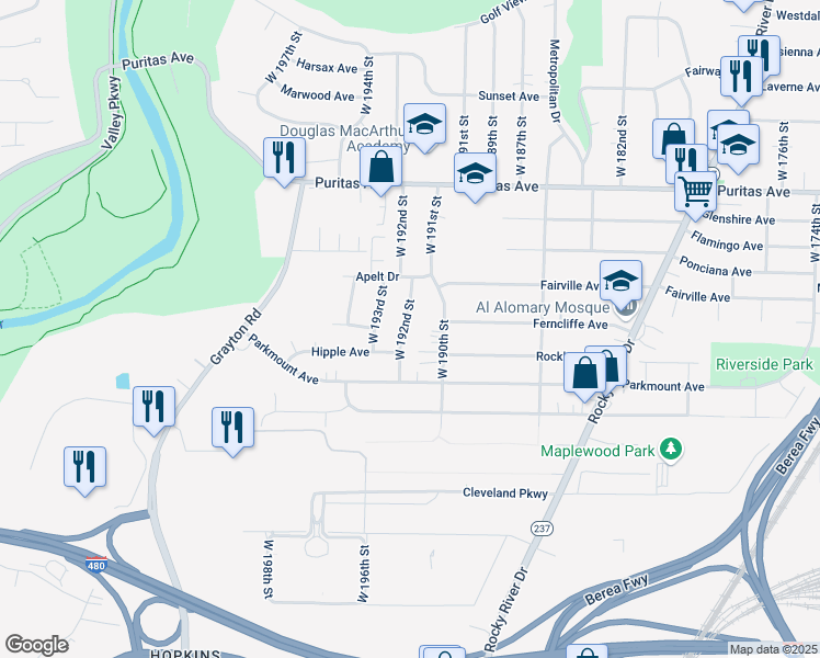map of restaurants, bars, coffee shops, grocery stores, and more near 4611 West 192nd Street in Cleveland