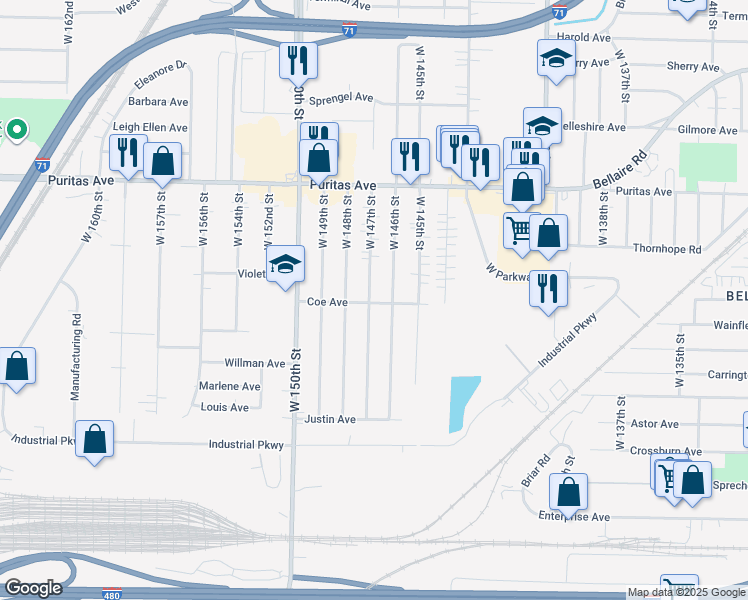 map of restaurants, bars, coffee shops, grocery stores, and more near 4577 West 147th Street in Cleveland