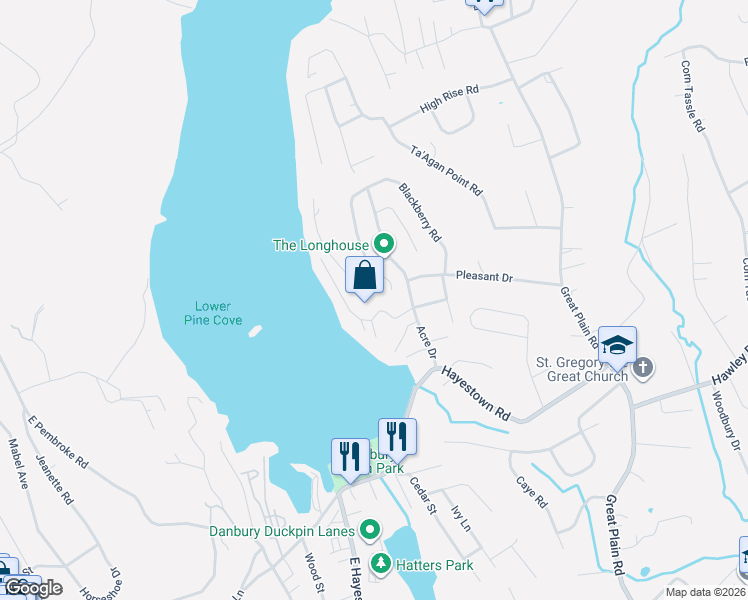 map of restaurants, bars, coffee shops, grocery stores, and more near 4 Woody Lane in Danbury