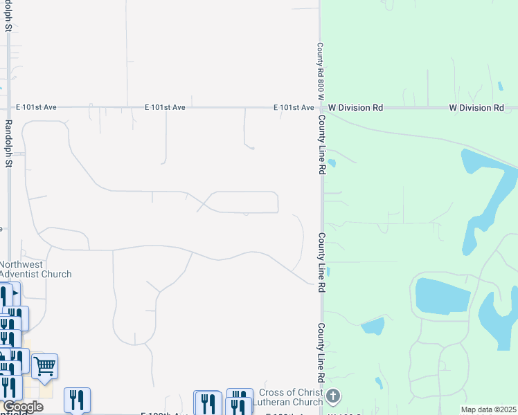 map of restaurants, bars, coffee shops, grocery stores, and more near 9270 Doubletree Dr N in Crown Point
