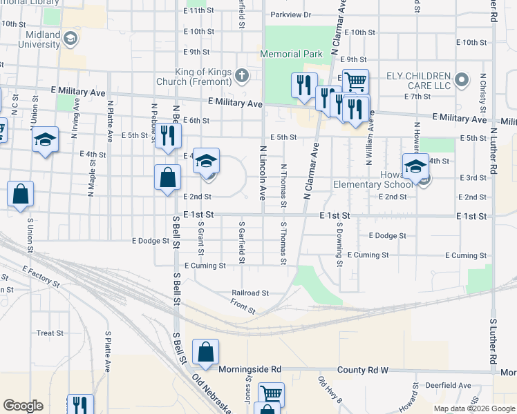 map of restaurants, bars, coffee shops, grocery stores, and more near 121 North Lincoln Avenue in Fremont