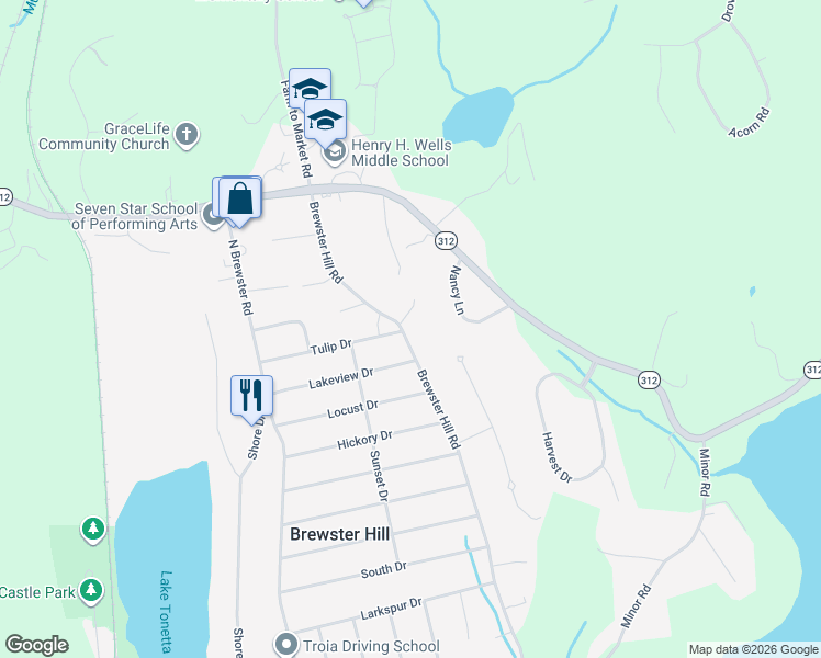 map of restaurants, bars, coffee shops, grocery stores, and more near 448 Brewster Hill Road in Brewster