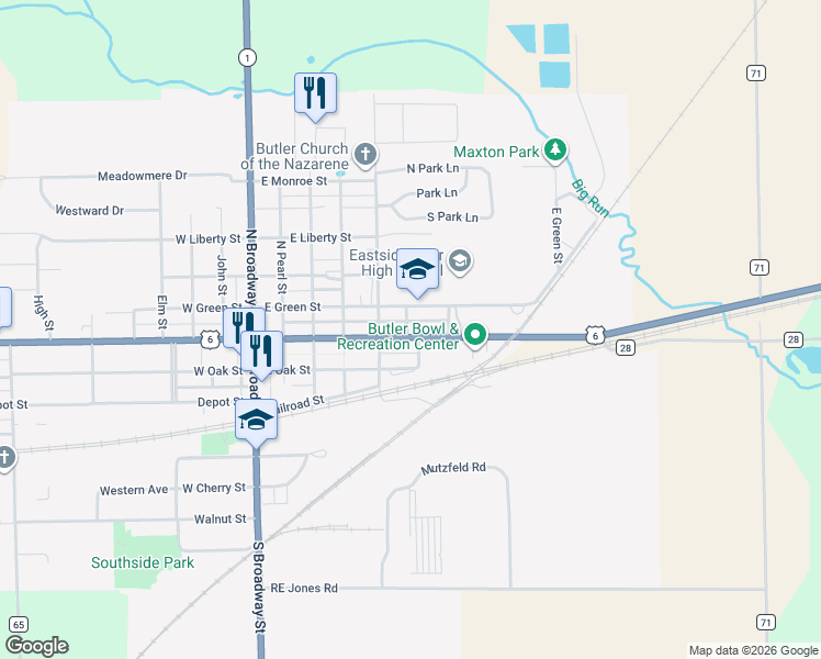 map of restaurants, bars, coffee shops, grocery stores, and more near 513 East Main Street in Butler