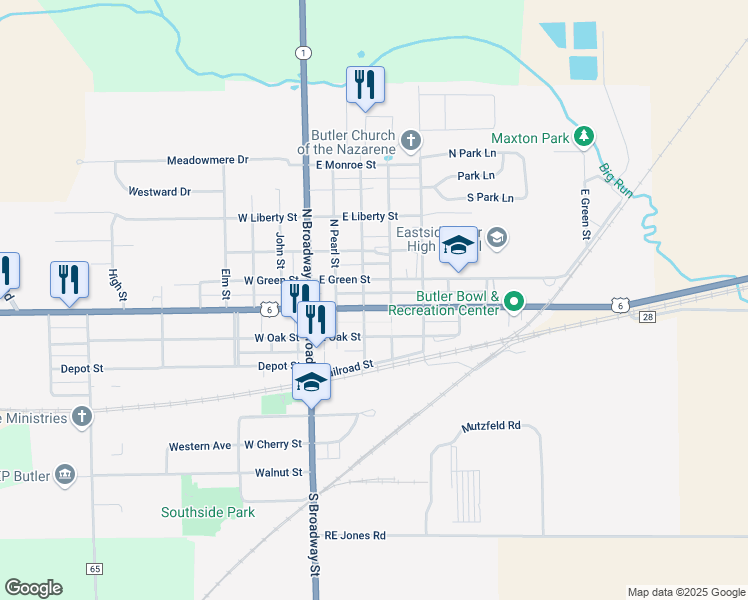 map of restaurants, bars, coffee shops, grocery stores, and more near 305 East Main Street in Butler