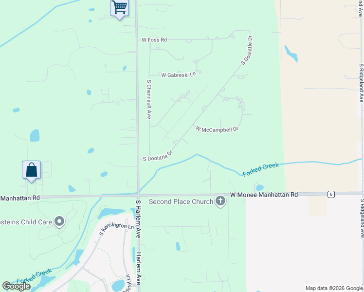 map of restaurants, bars, coffee shops, grocery stores, and more near 25305 South Doolittle Drive in Monee