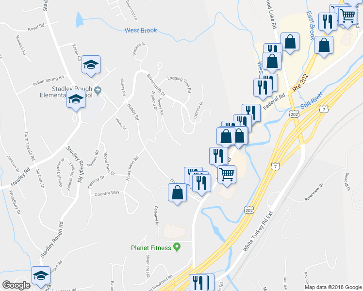 map of restaurants, bars, coffee shops, grocery stores, and more near 1905 Revere Road in Danbury