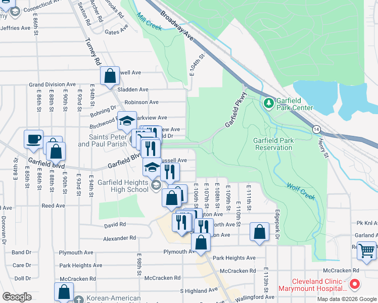 map of restaurants, bars, coffee shops, grocery stores, and more near 10404 Edgepark Drive in Garfield Heights