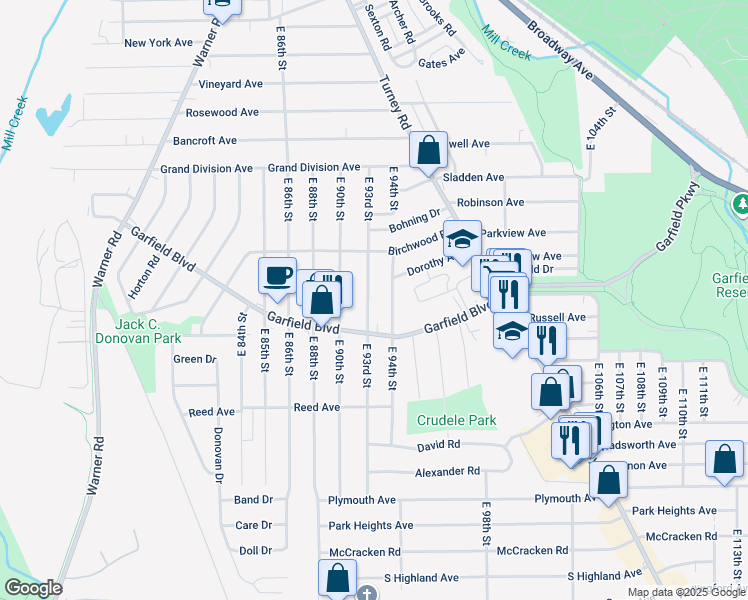 map of restaurants, bars, coffee shops, grocery stores, and more near 4757 E 93rd St in Garfield Heights