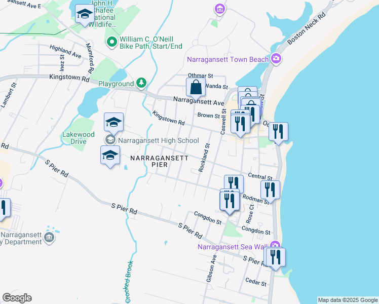 map of restaurants, bars, coffee shops, grocery stores, and more near 105A Central Street in Narragansett