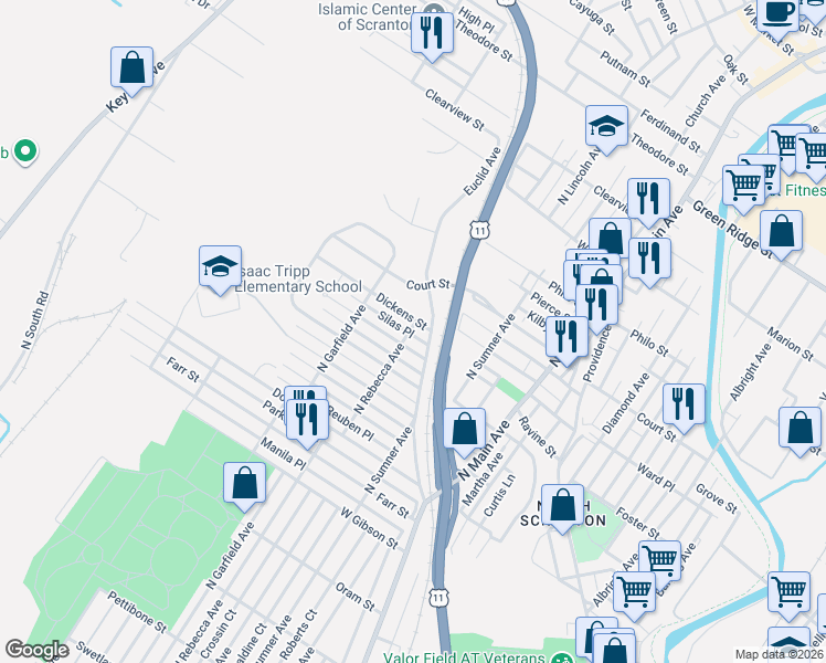 map of restaurants, bars, coffee shops, grocery stores, and more near 1210 North Rebecca Avenue in Scranton