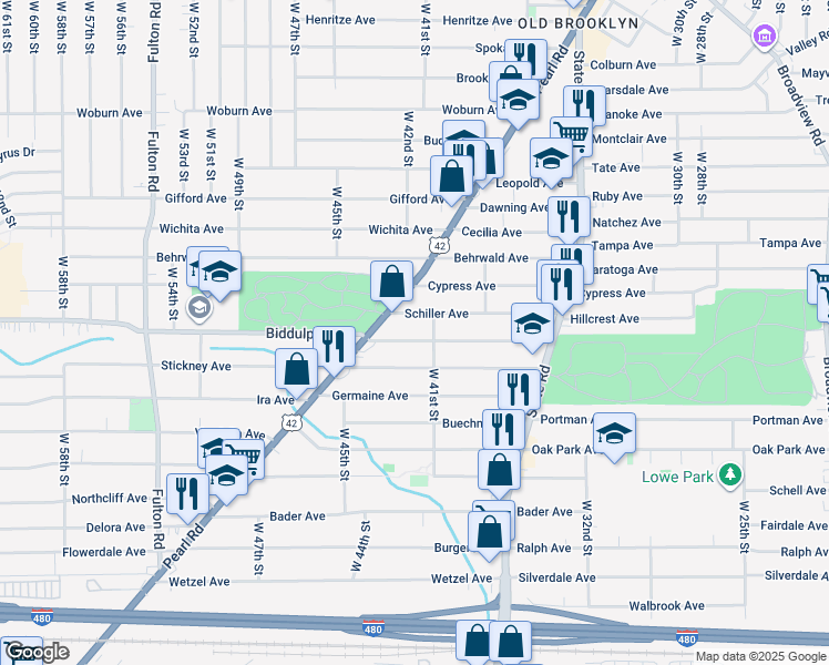 map of restaurants, bars, coffee shops, grocery stores, and more near 4212 Biddulph Avenue in Cleveland