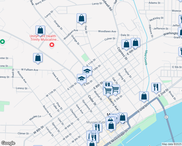 map of restaurants, bars, coffee shops, grocery stores, and more near 512 East 10th Street in Muscatine