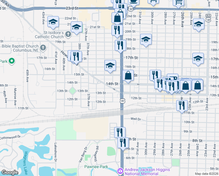 map of restaurants, bars, coffee shops, grocery stores, and more near 3399 Howard Blvd in Columbus