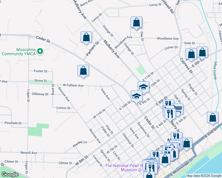 map of restaurants, bars, coffee shops, grocery stores, and more near 1118 Sycamore Street in Muscatine