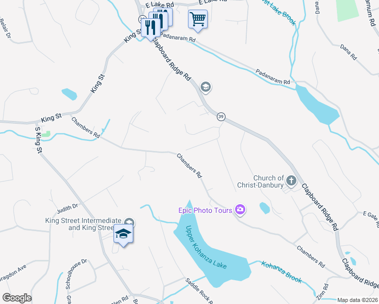 map of restaurants, bars, coffee shops, grocery stores, and more near 97 Chambers Road in Danbury