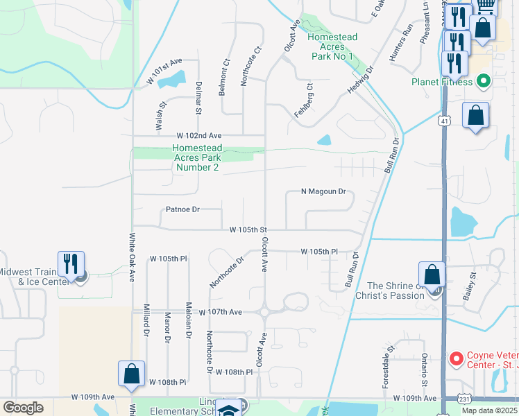 map of restaurants, bars, coffee shops, grocery stores, and more near 10416 Olcott Avenue in Saint John