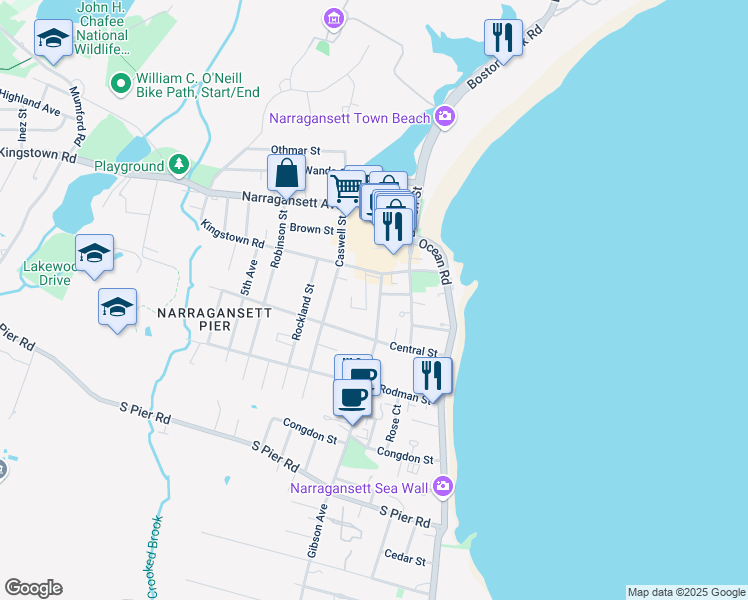 map of restaurants, bars, coffee shops, grocery stores, and more near 16 Courtway Street in Narragansett