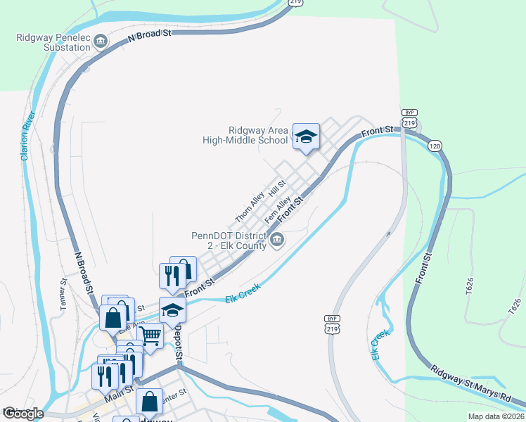 map of restaurants, bars, coffee shops, grocery stores, and more near Coral Alley in Ridgway