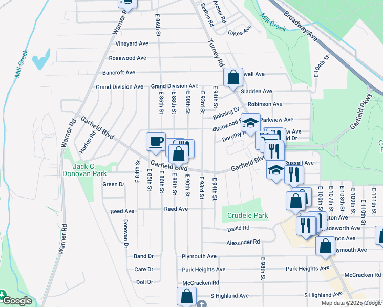 map of restaurants, bars, coffee shops, grocery stores, and more near 4757 E 90th St in Garfield Heights