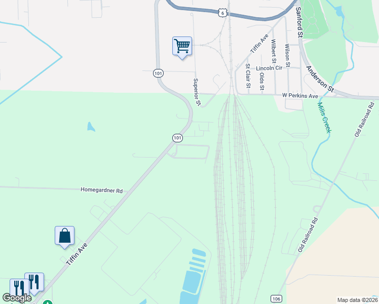 map of restaurants, bars, coffee shops, grocery stores, and more near 2614 Tiffin Avenue in Sandusky