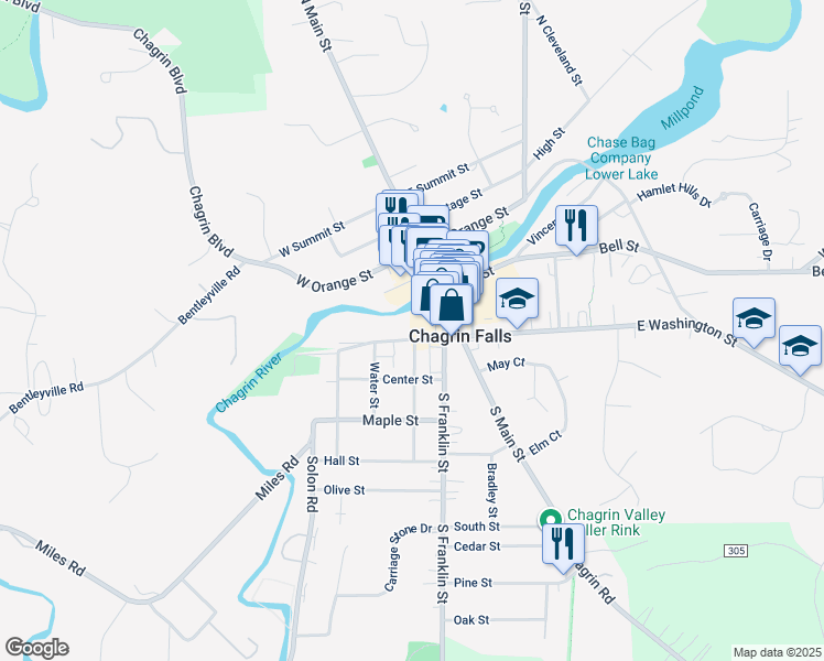 map of restaurants, bars, coffee shops, grocery stores, and more near 34 West Washington Street in Chagrin Falls