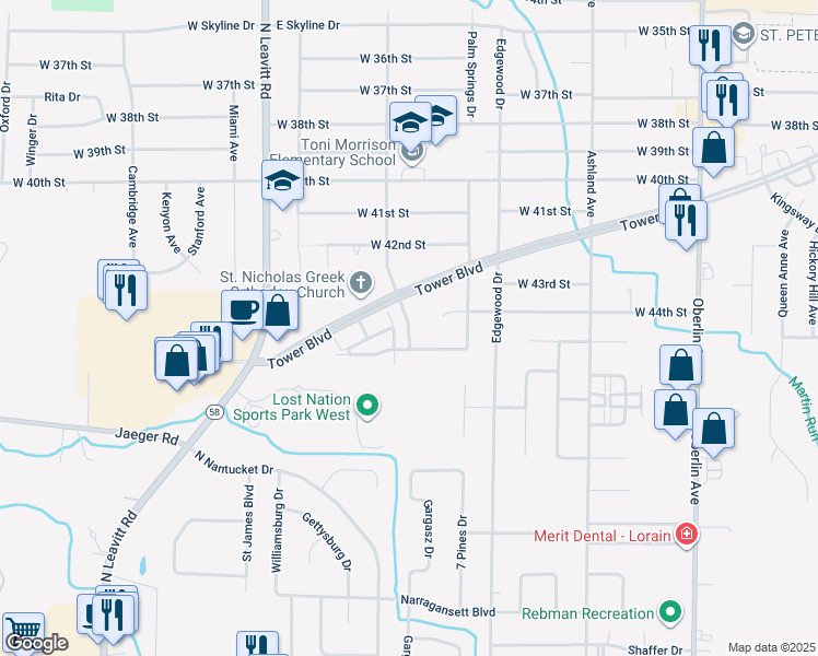 map of restaurants, bars, coffee shops, grocery stores, and more near 4403 Marshall Ave in Lorain