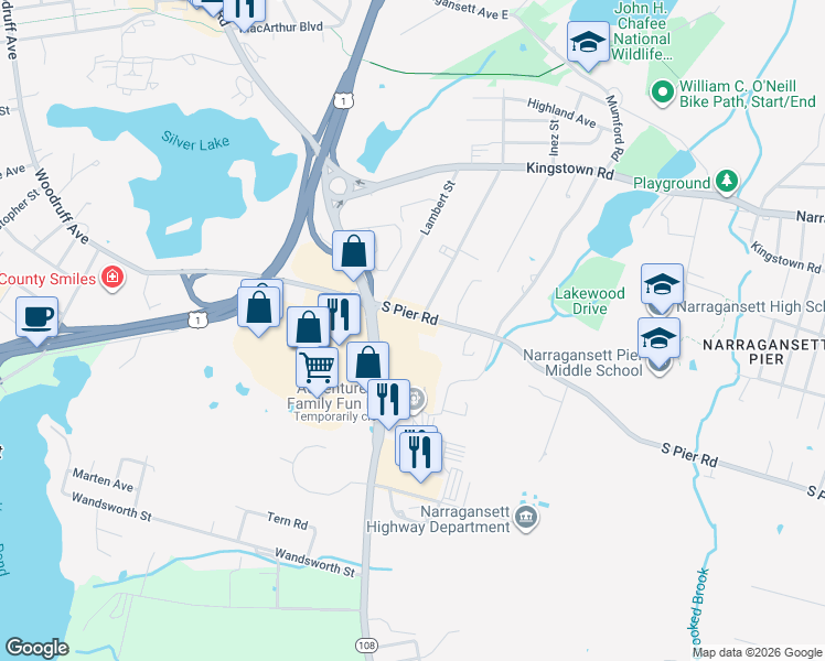 map of restaurants, bars, coffee shops, grocery stores, and more near 354 South Pier Road in Narragansett
