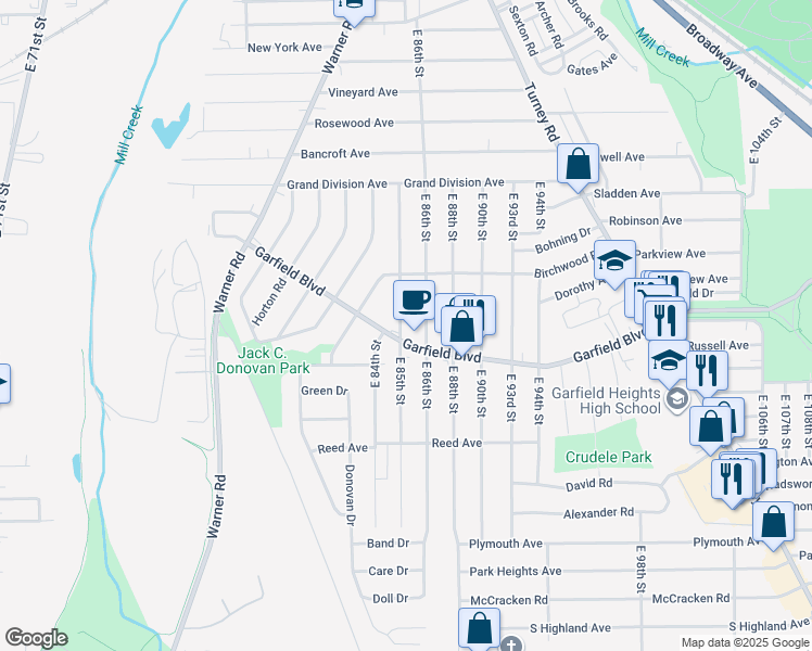 map of restaurants, bars, coffee shops, grocery stores, and more near 4757 East 85th Street in Garfield Heights