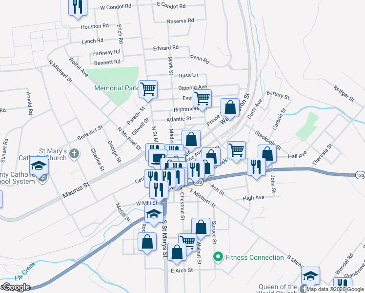 map of restaurants, bars, coffee shops, grocery stores, and more near 155 Washington St in St Marys