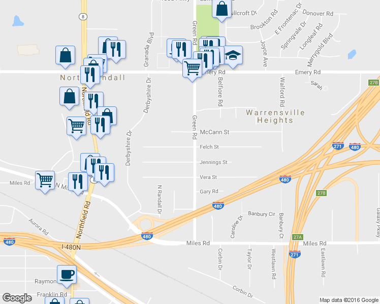 map of restaurants, bars, coffee shops, grocery stores, and more near 4784 Green Rd in Warrensville Heights