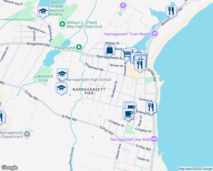 map of restaurants, bars, coffee shops, grocery stores, and more near 105A Central St in Narragansett
