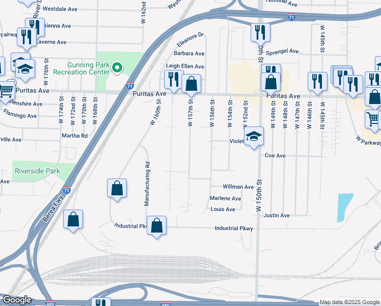 map of restaurants, bars, coffee shops, grocery stores, and more near 4587 W 157th St in Cleveland