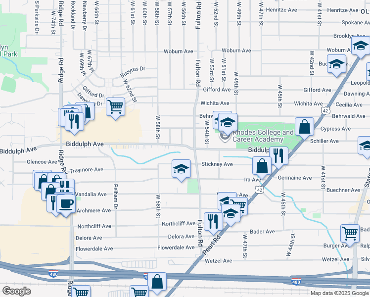 map of restaurants, bars, coffee shops, grocery stores, and more near 5517 Biddulph Road in Cleveland