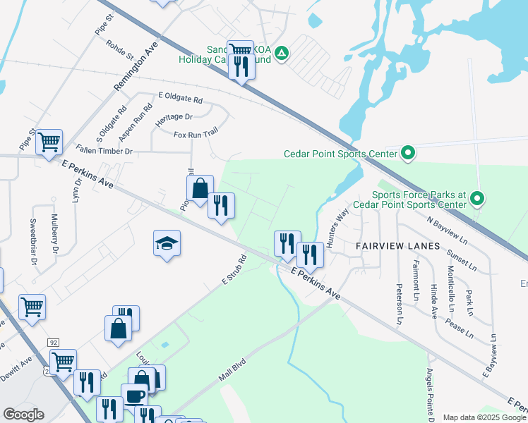map of restaurants, bars, coffee shops, grocery stores, and more near 2103 East Perkins Avenue in Sandusky