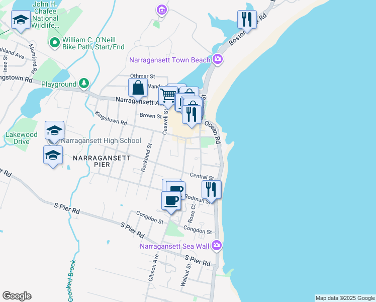 map of restaurants, bars, coffee shops, grocery stores, and more near 16 Courtway Street in Narragansett