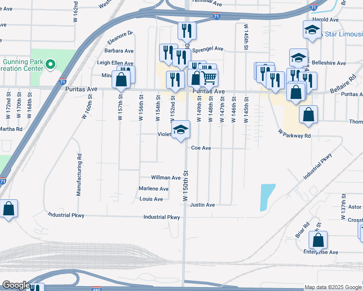 map of restaurants, bars, coffee shops, grocery stores, and more near 4550 West 150th Street in Cleveland