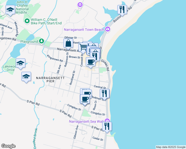 map of restaurants, bars, coffee shops, grocery stores, and more near 16 Courtway Street in Narragansett