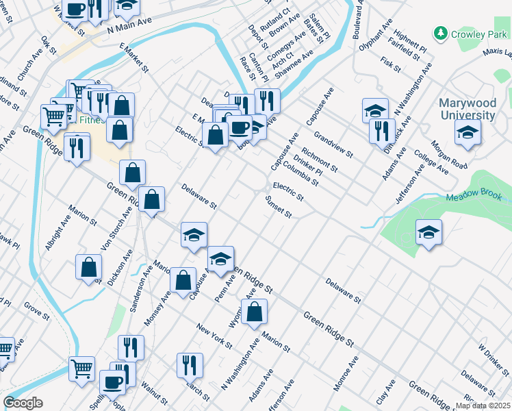 map of restaurants, bars, coffee shops, grocery stores, and more near 1740 Capouse Avenue in Scranton