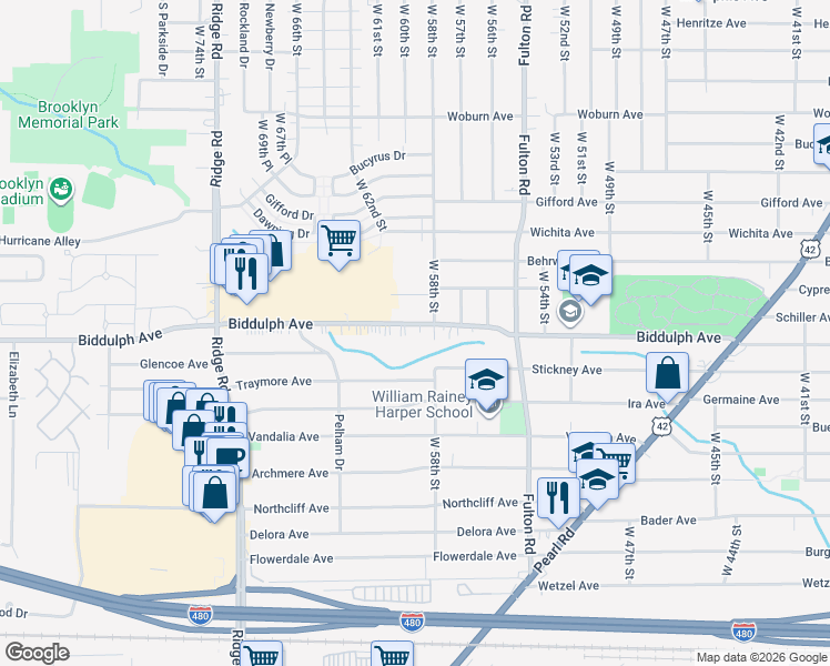 map of restaurants, bars, coffee shops, grocery stores, and more near 5901 Biddulph Road in Cleveland