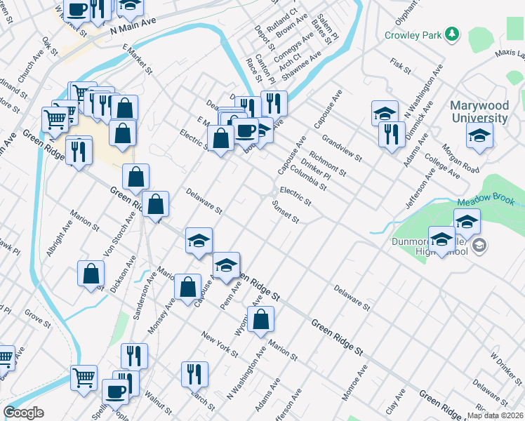 map of restaurants, bars, coffee shops, grocery stores, and more near 1740 Capouse Avenue in Scranton