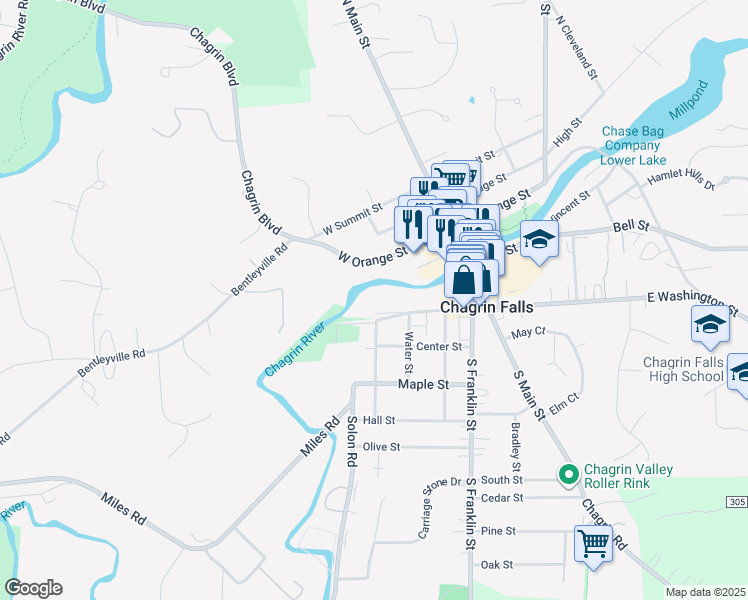 map of restaurants, bars, coffee shops, grocery stores, and more near 110 Church Street in Chagrin Falls
