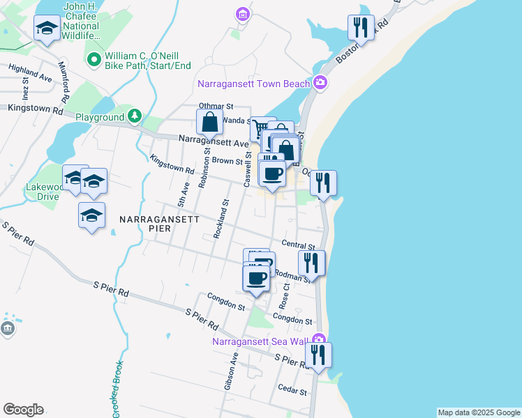 map of restaurants, bars, coffee shops, grocery stores, and more near 30 Kingstown Road in Narragansett